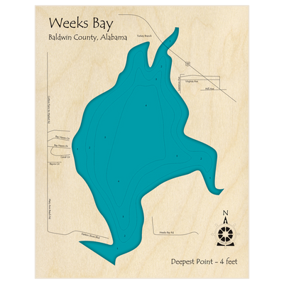 Bathymetric topo map of Weeks Bay with roads, towns and depths noted in blue water