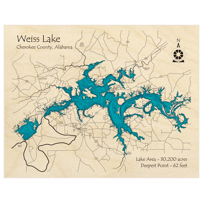 Bathymetric topo map of Weiss Lake with roads, towns and depths noted in blue water