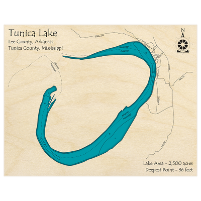 Bathymetric topo map of Tunica Lake with roads, towns and depths noted in blue water