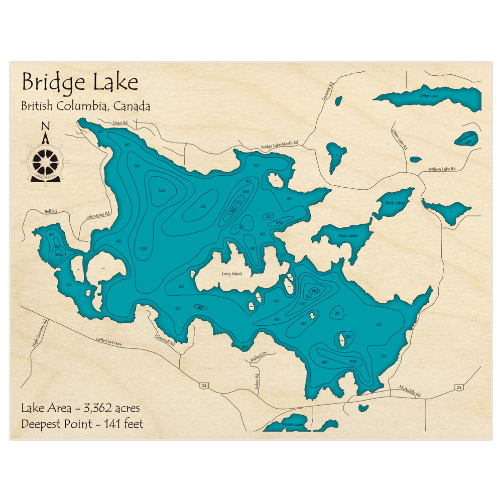 Bridge Lake 3D Custom Wood Map Lake Art LLC