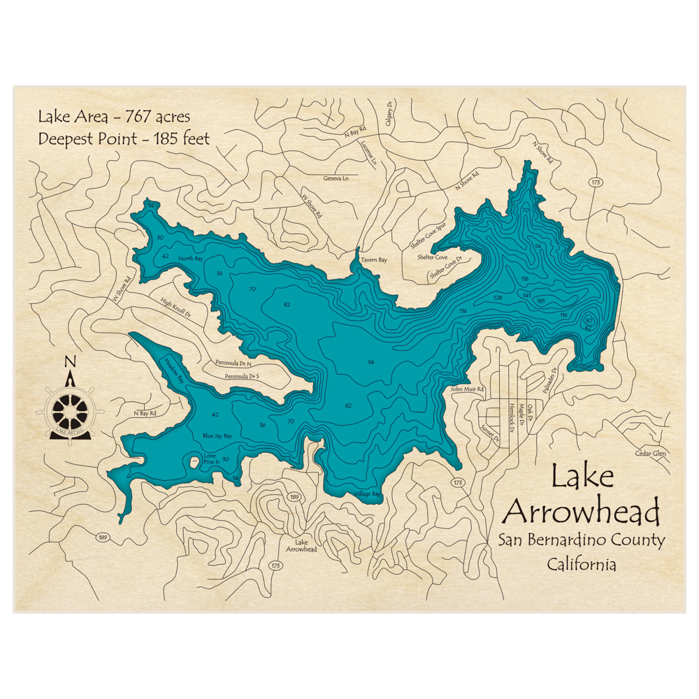 Lake Arrowhead 3D Custom Wood Map Lake Art LLC