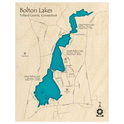 Bathymetric topo map of Bolton Lakes (Upper - Middle - Lower) with roads, towns and depths noted in blue water