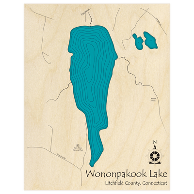 Bathymetric topo map of Wononpakook Lake  with roads, towns and depths noted in blue water