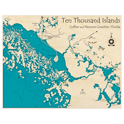 Bathymetric topo map of Ten Thousand Islands with roads, towns and depths noted in blue water