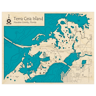 Bathymetric topo map of Terra Ceia Island with roads, towns and depths noted in blue water