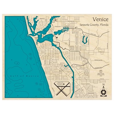 Bathymetric topo map of Venice with roads, towns and depths noted in blue water