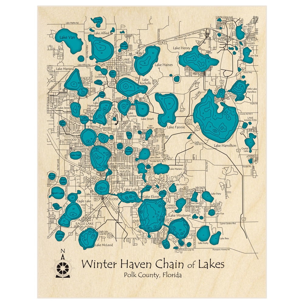 Bathymetric topo map of Winter Haven Chain of Lakes with roads, towns and depths noted in blue water