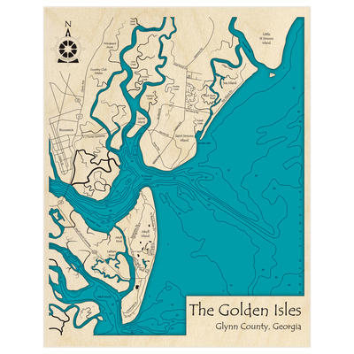 Bathymetric topo map of The Golden Isles with roads, towns and depths noted in blue water