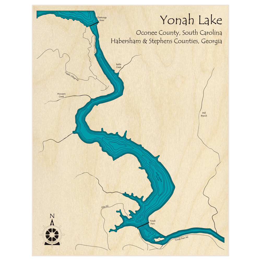 Bathymetric topo map of Yonah Lake  with roads, towns and depths noted in blue water