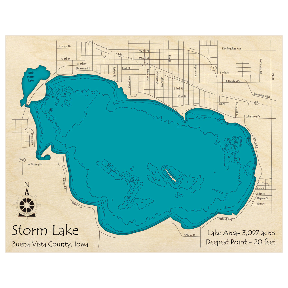 Storm Lake 3D Custom Wood Map Lake Art LLC