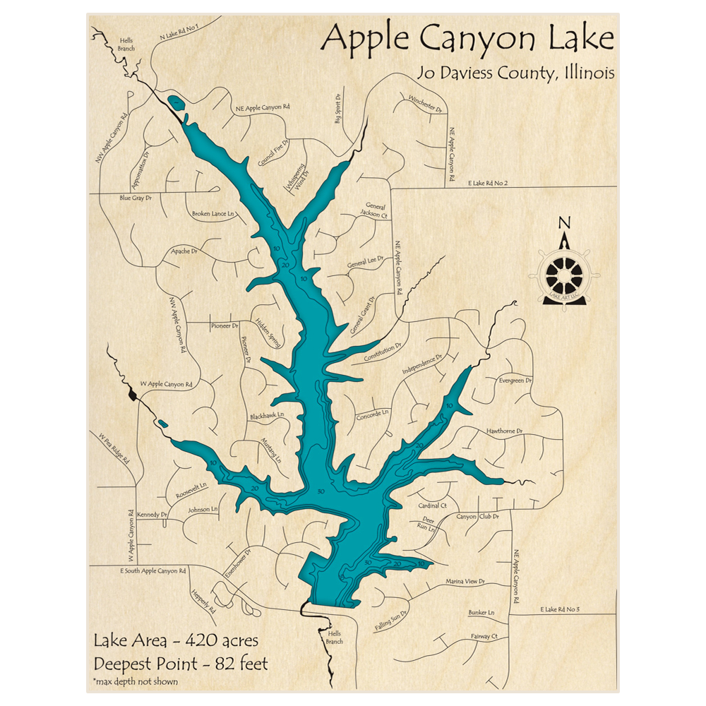 Bathymetric topo map of Apple Canyon Lake with roads, towns and depths noted in blue water