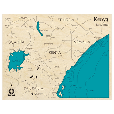 Bathymetric topo map of Kenya (Shows parts of Surrounding Countries and Lake Victoria) with roads, towns and depths noted in blue water