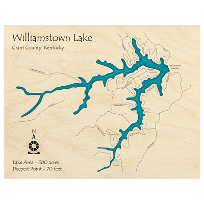 Bathymetric topo map of Williamstown Lake with roads, towns and depths noted in blue water