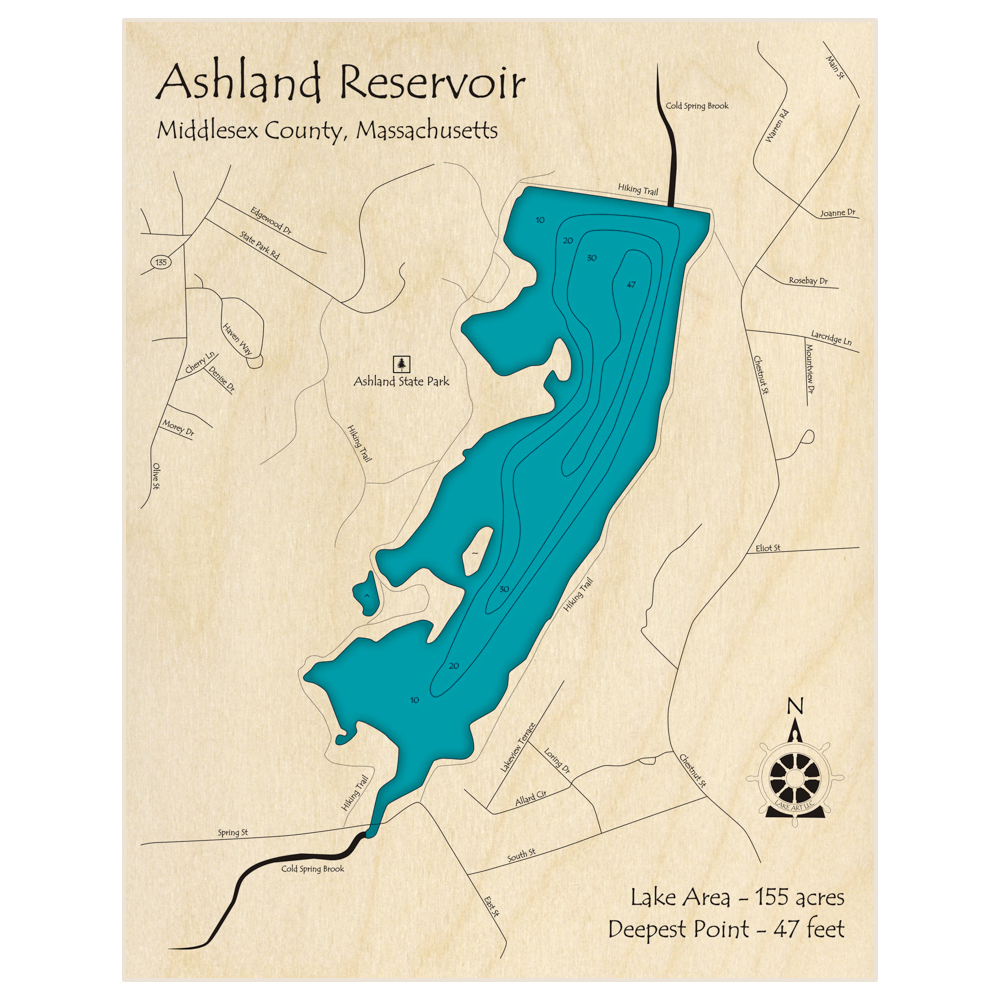 Bathymetric topo map of Ashland Reservoir with roads, towns and depths noted in blue water