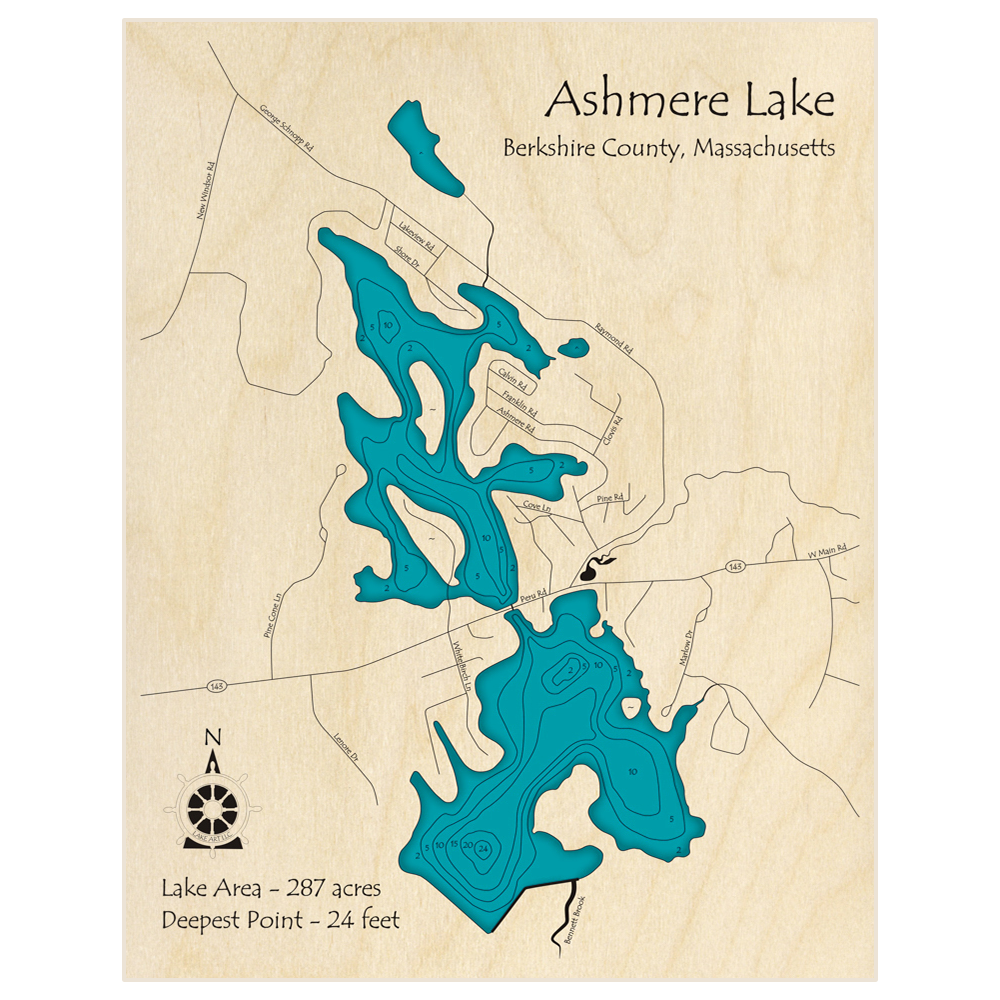 Bathymetric topo map of Ashmere Lake with roads, towns and depths noted in blue water