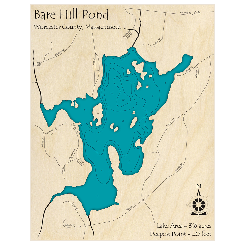 Bathymetric topo map of Bare Hill Pond with roads, towns and depths noted in blue water