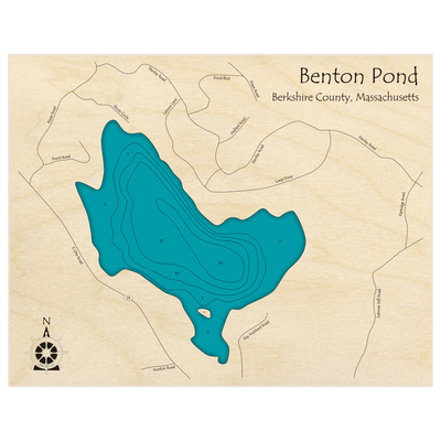 Bathymetric topo map of Benton Pond (aka Little Benton) with roads, towns and depths noted in blue water