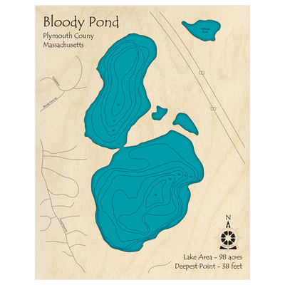 Bathymetric topo map of Bloody Pond with roads, towns and depths noted in blue water