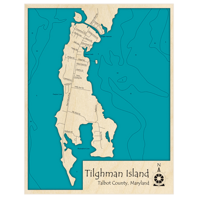 Bathymetric topo map of Tilghman Island with roads, towns and depths noted in blue water