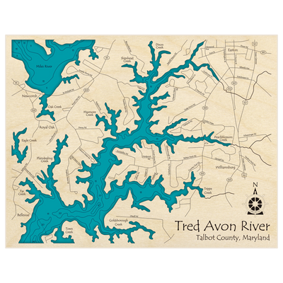 Bathymetric topo map of Tred Avon River with roads, towns and depths noted in blue water