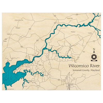 Bathymetric topo map of Wicomico River with roads, towns and depths noted in blue water