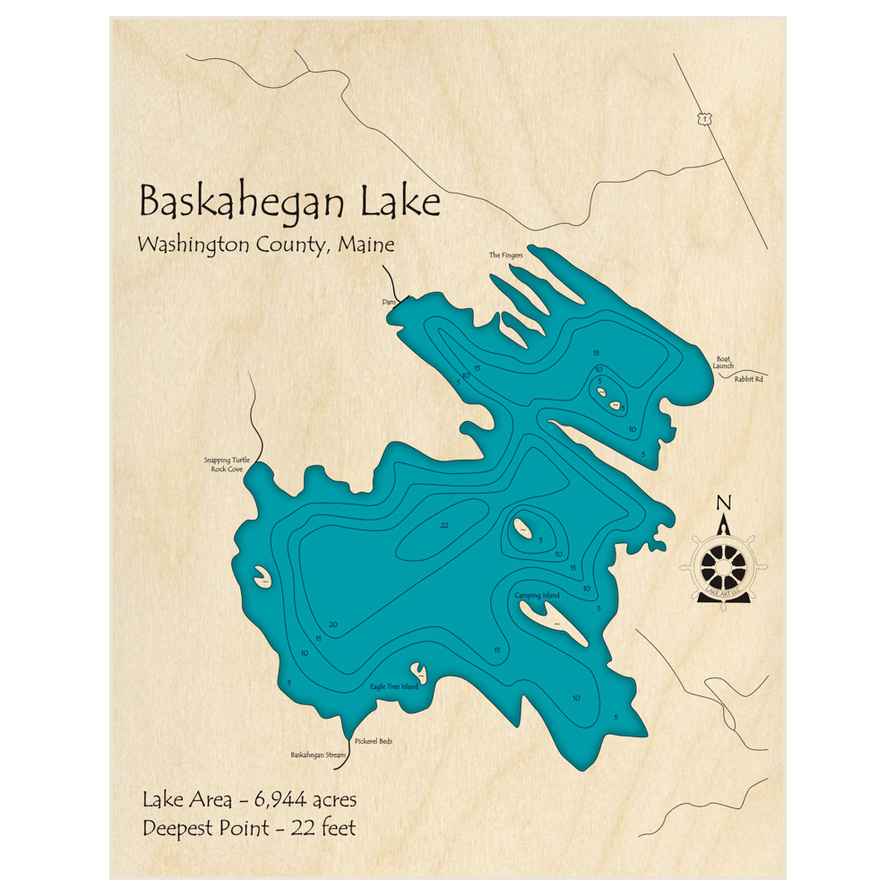 Bathymetric topo map of Baskahegan Lake with roads, towns and depths noted in blue water