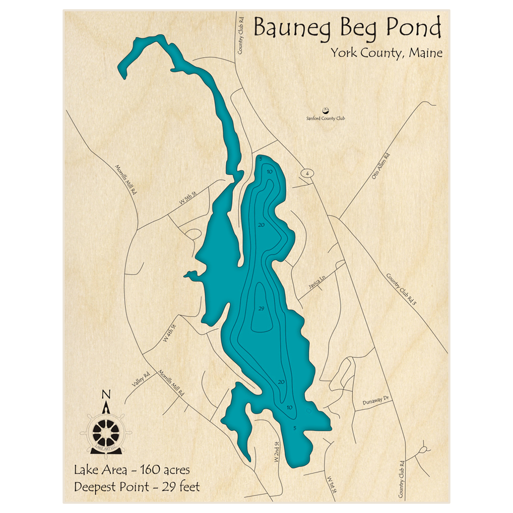 Bathymetric topo map of Bauneg Beg Pond with roads, towns and depths noted in blue water