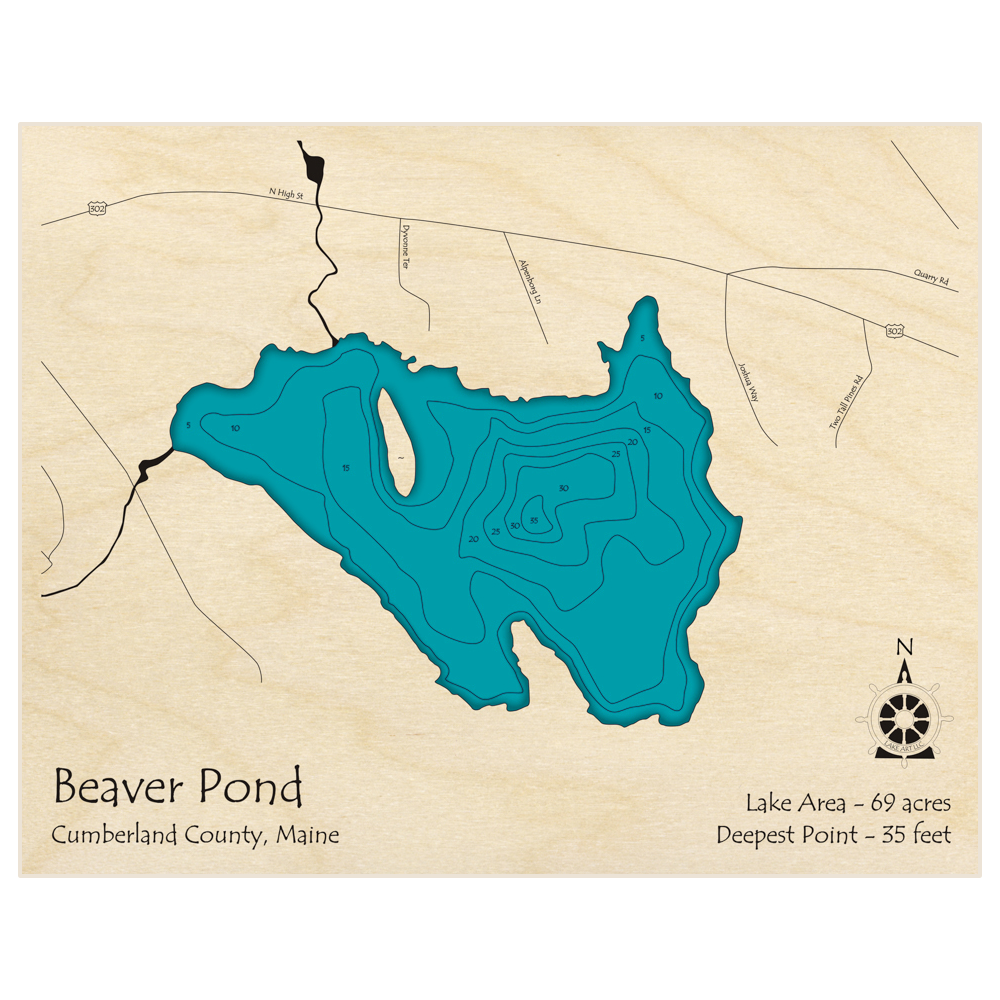 Bathymetric topo map of Beaver Pond with roads, towns and depths noted in blue water