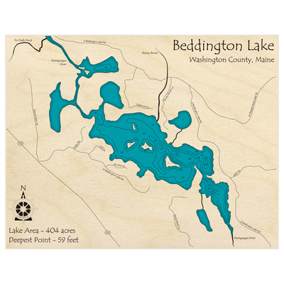 Bathymetric topo map of Beddington Lake with roads, towns and depths noted in blue water