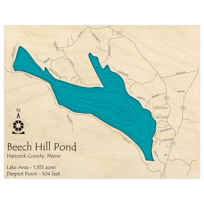 Bathymetric topo map of Beech Hill Pond with roads, towns and depths noted in blue water