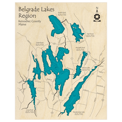 Bathymetric topo map of Belgrade Lakes Region with roads, towns and depths noted in blue water