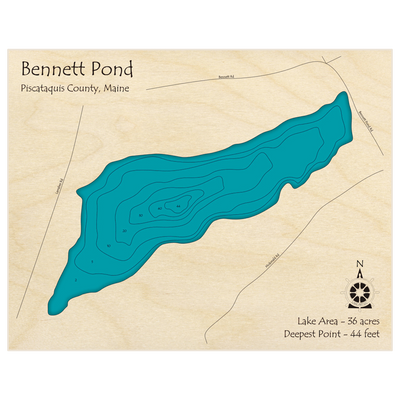 Bathymetric topo map of Bennett Pond with roads, towns and depths noted in blue water