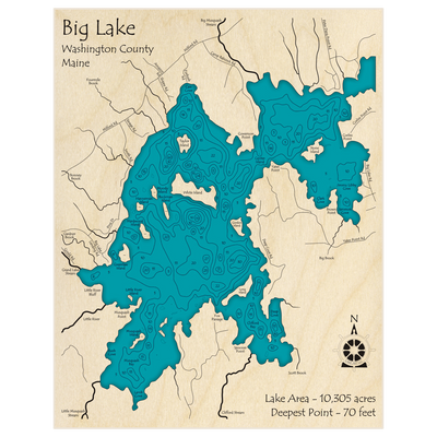 Bathymetric topo map of Big Lake with roads, towns and depths noted in blue water