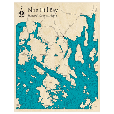 Bathymetric topo map of Blue Hill Bay with roads, towns and depths noted in blue water