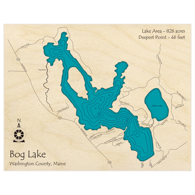 Bathymetric topo map of Bog Lake with roads, towns and depths noted in blue water