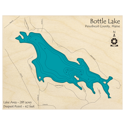 Bathymetric topo map of Bottle Lake with roads, towns and depths noted in blue water