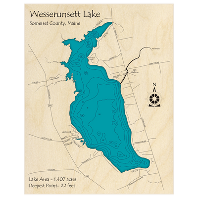 Bathymetric topo map of Wesserunsett Lake with roads, towns and depths noted in blue water