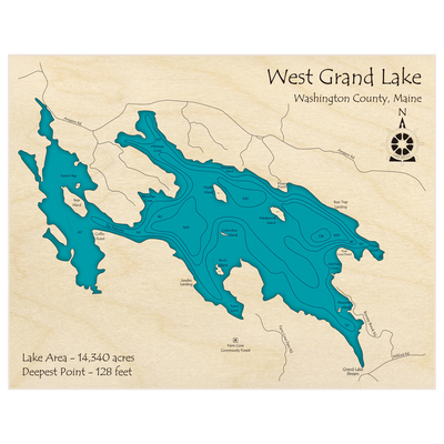 Bathymetric topo map of West Grand Lake with roads, towns and depths noted in blue water