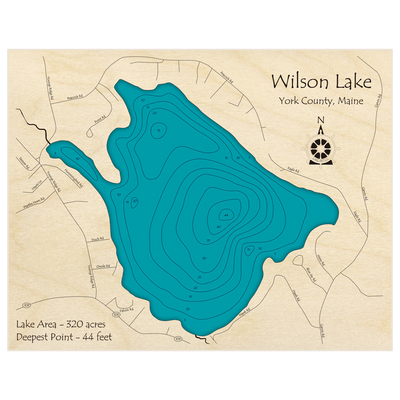 Bathymetric topo map of Wilson Lake with roads, towns and depths noted in blue water