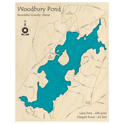 Bathymetric topo map of Woodbury Pond with roads, towns and depths noted in blue water