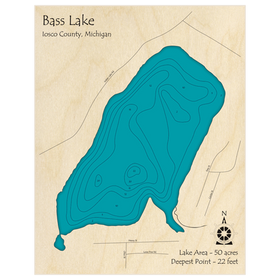 Bathymetric topo map of Bass Lake with roads, towns and depths noted in blue water