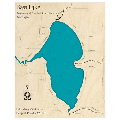 Bathymetric topo map of Bass Lake with roads, towns and depths noted in blue water