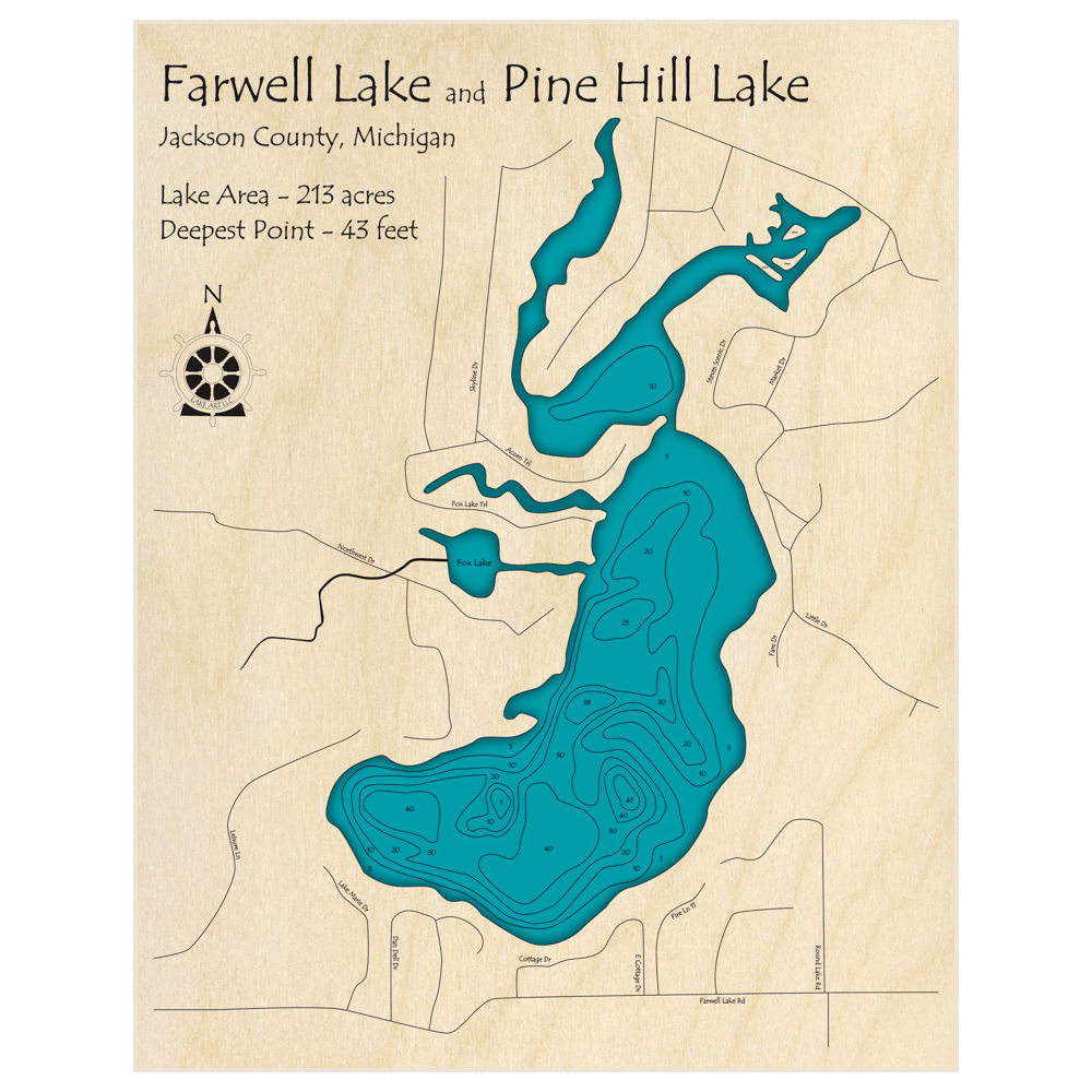 Farwell Lake W Pine Hill Lake 3D Custom Wood Map – Lake Art LLC