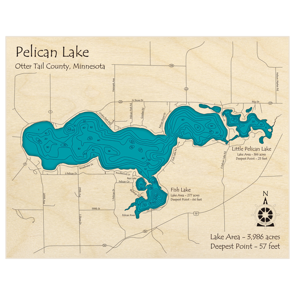 Pelican Lake & Little Pelican Lake 3D Custom Wood Map Lake Art LLC