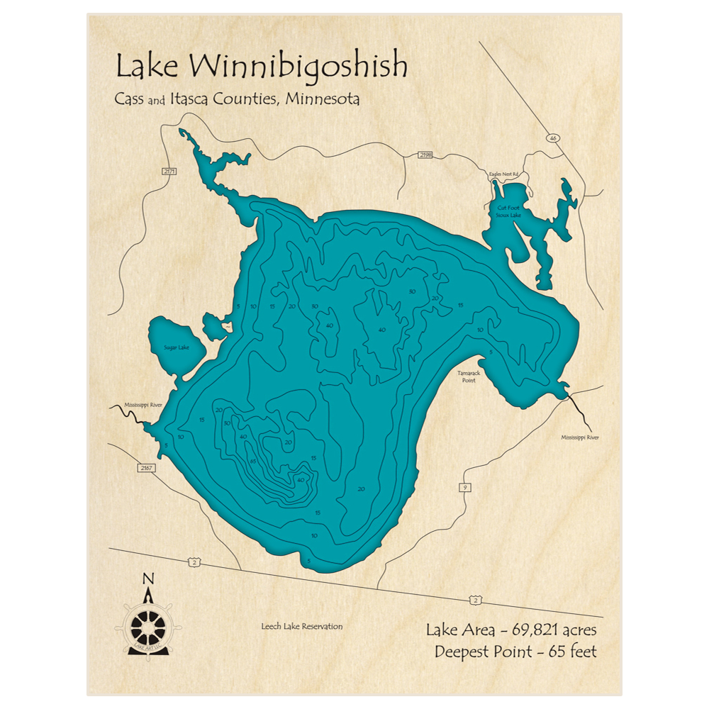 Lake Winnibigoshish 3D Custom Wood Map – Lake Art LLC