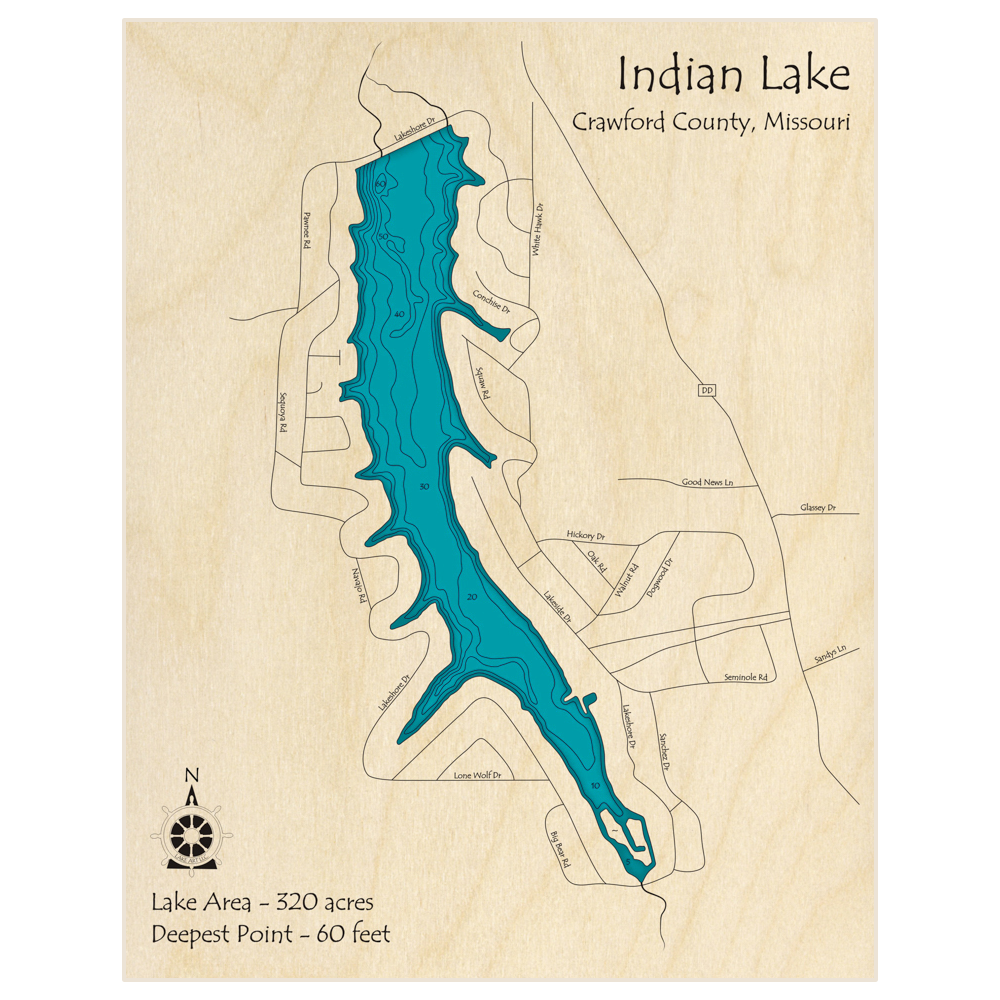 Indian Lake 3D Custom Wood Map Lake Art LLC