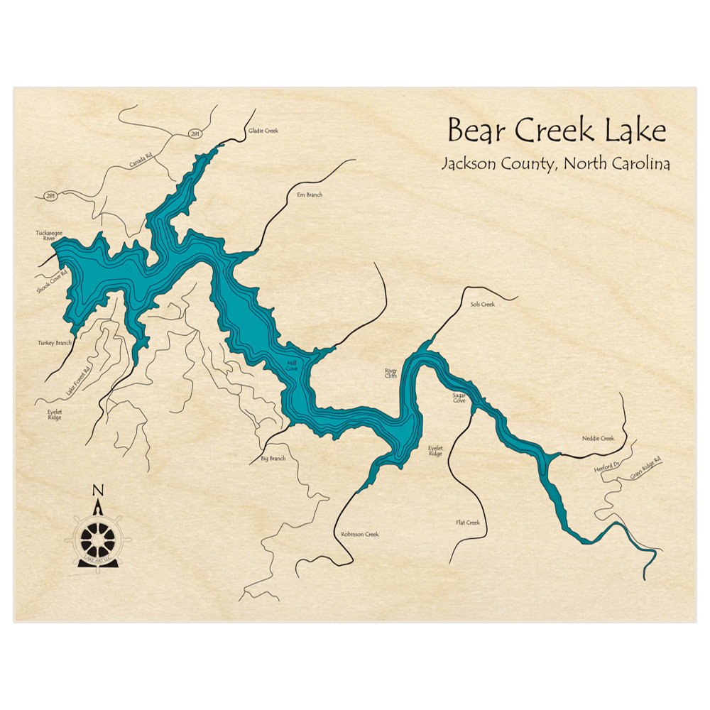 Bathymetric topo map of Bear Creek Lake  with roads, towns and depths noted in blue water