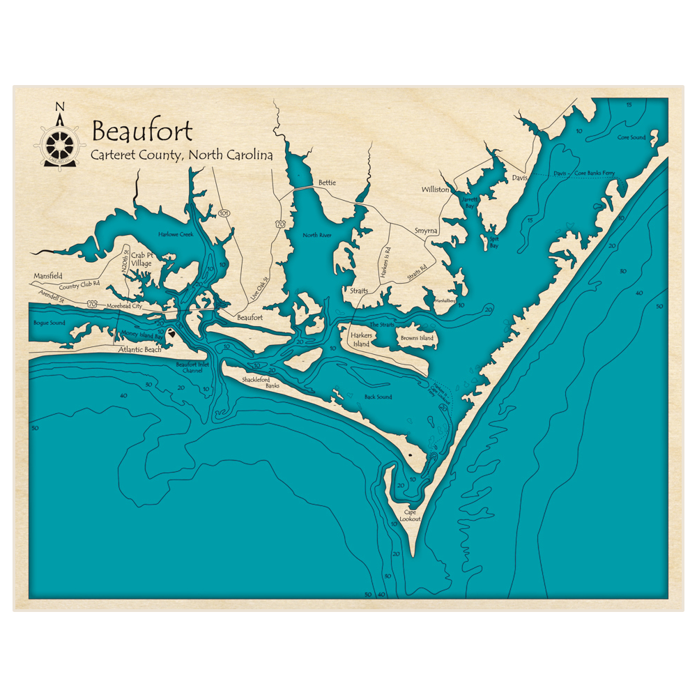 Bathymetric topo map of Beaufort with roads, towns and depths noted in blue water