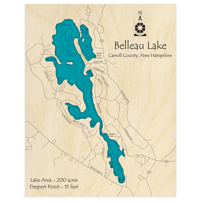 Bathymetric topo map of Belleau Lake with roads, towns and depths noted in blue water