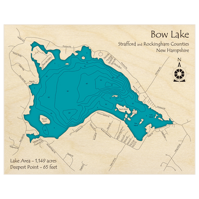 Bathymetric topo map of Bow Lake with roads, towns and depths noted in blue water